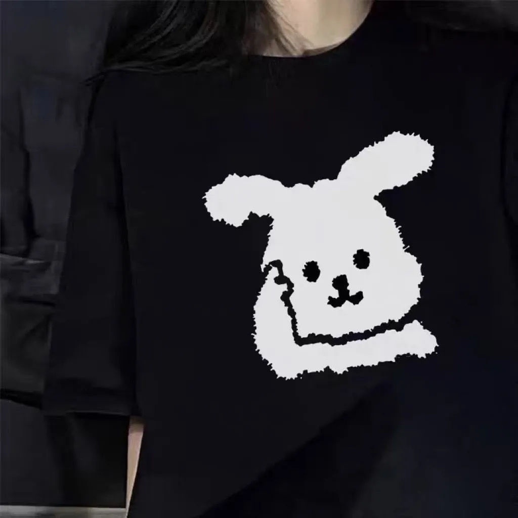 Jiashucheng Áo Thun Tay Ngắn Dáng Rộng In Hình Thỏ Phong Cách Đường Phố Cho Nữ