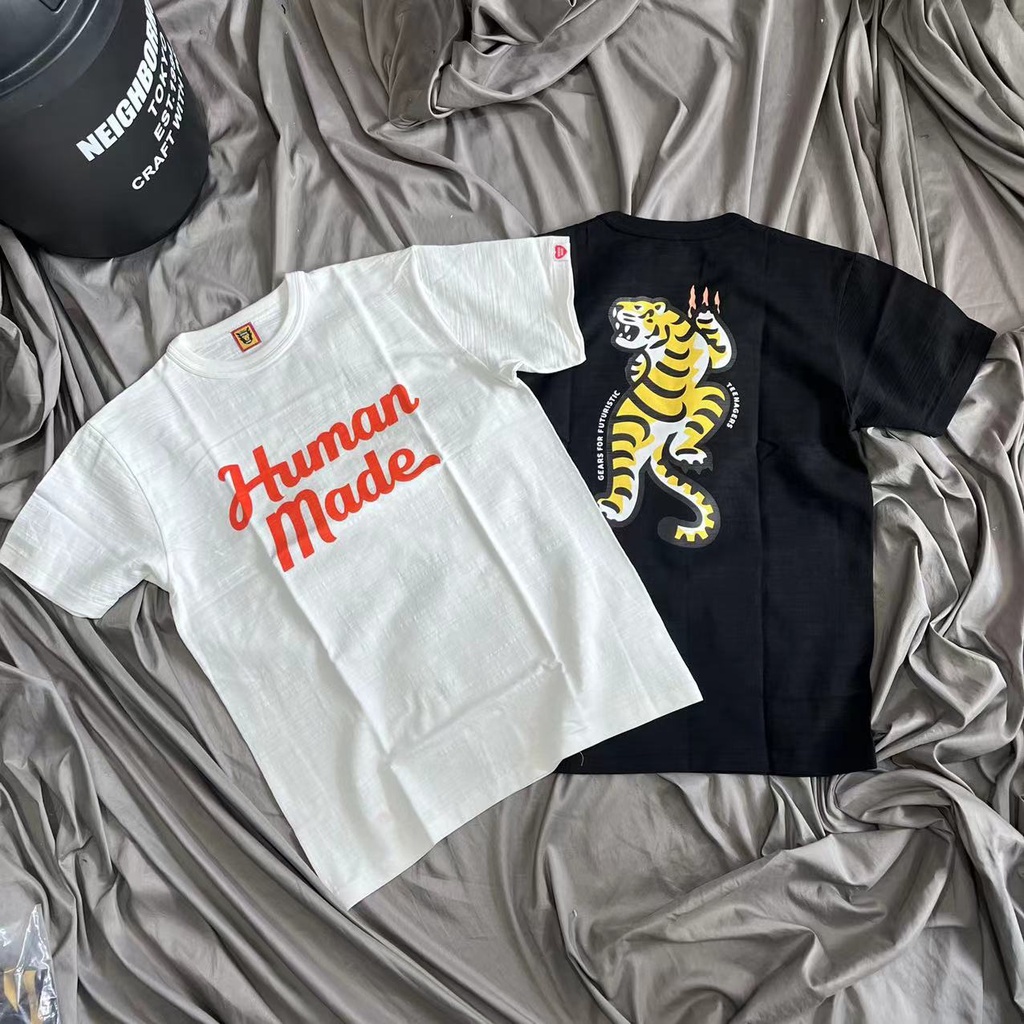 Áo Thun Cotton Ngắn Tay Dáng Rộng Không Đường May In Chữ Human MADE Tiger Thời Trang Cho Cặp Đôi
