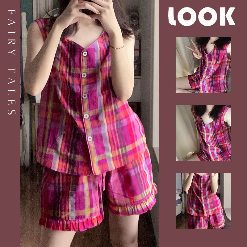 Bộ đồ ngủ EGHY gồm áo sát nách phối quần short họa tiết caro phối màu đơn giản thời trang mùa hè cho bạn nữ