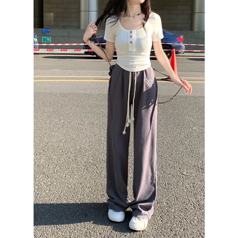 Áo Thun Ngắn Tay + Quần Dài Lưng Cao Thêu Chữ Thời Trang Nữ