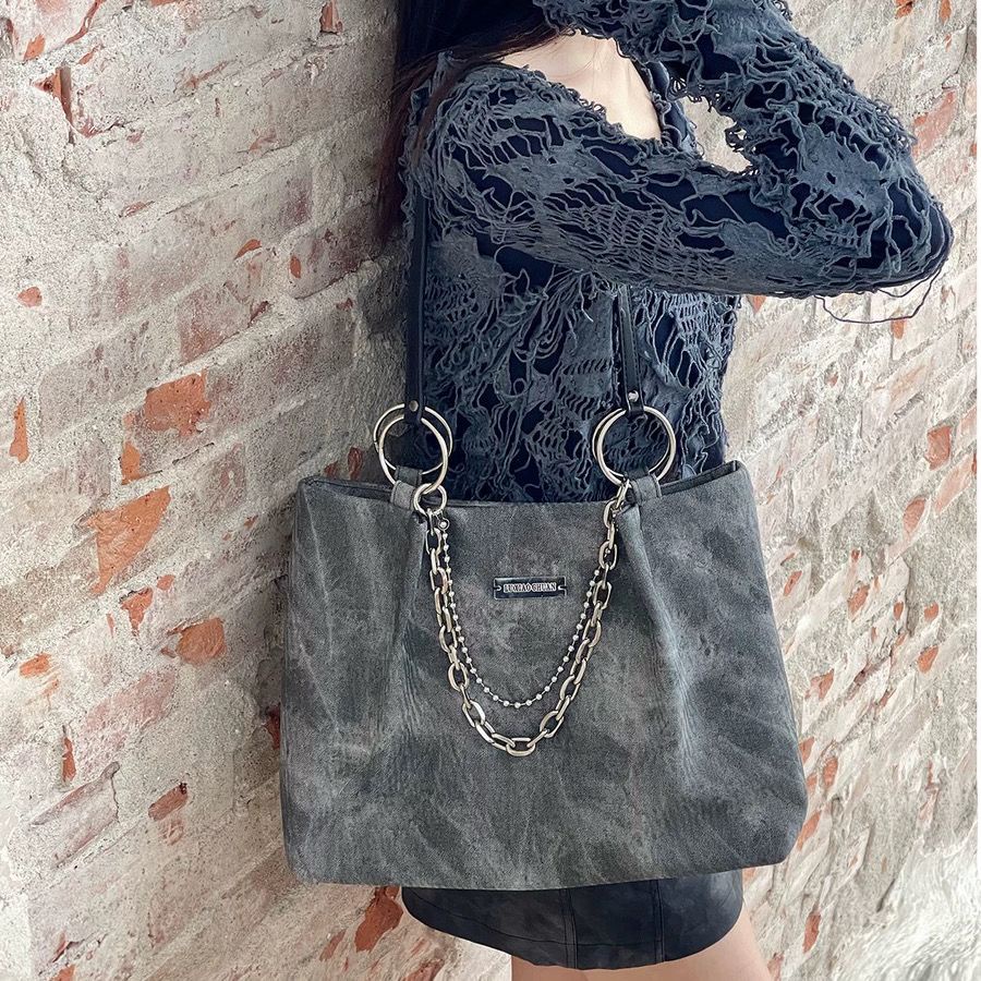 Túi tote denim cổ điển dây chuyền nguyên bản túi đeo vai nữ dung tích lớn túi to đi học xách tay