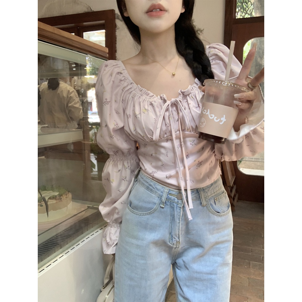 Jiashucheng Áo Sơ Mi Ngắn Tay Dài Thắt Dây Nhấn Eo Mỏng Mùa Xuân Họa Tiết Hoa Phong Cách Pháp Độc Đáo Cho Nữ