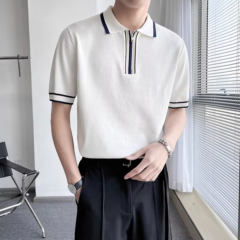 Mùa Hè Nửa Tay Đơn Giản Sọc Màu Khóa Áo Sơ Mi POLO Ice Silk Đan Áo Sơ Mi POLO Cổ Nửa Tay T-