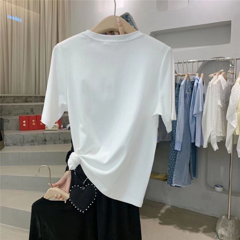 Áo Thun Cotton Tay Ngắn Cổ Tròn Màu Trơn Đính Hạt Ngọc Trai Thời Trang Thu Hè Hàn Quốc 2022