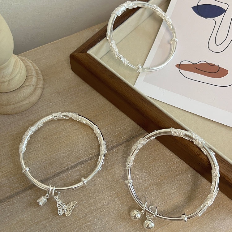 Vòng Đeo Tay Dạng Trượt Màu Trơn Họa Tiết Hoa Và Bướm Có Thể Điều Chỉnh Phong Cách niche Cao Cấp @