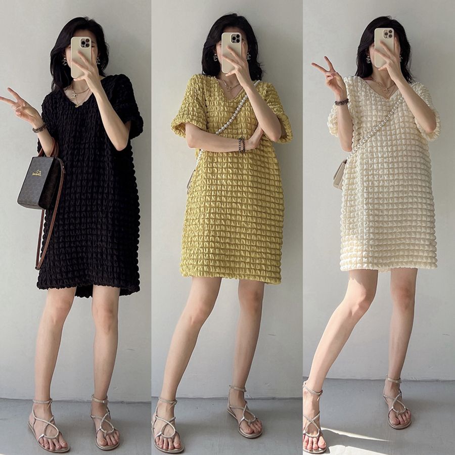 Đầm Tay Ngắn Phồng Cổ Chữ V Ôm Dáng Size Lớn Thời Trang Châu Âu Cho Nữ