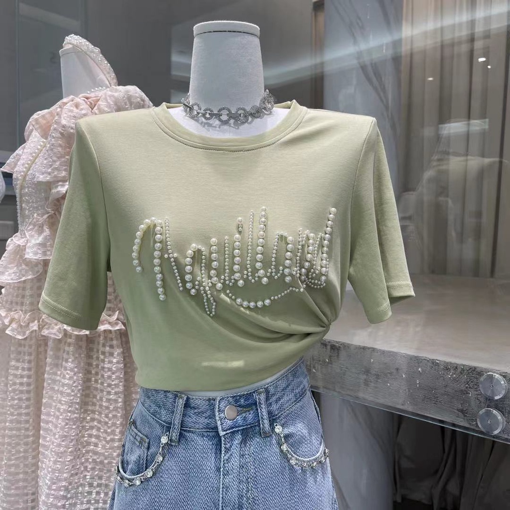 Áo Thun Cotton Tay Ngắn Cổ Tròn Màu Trơn Đính Hạt Ngọc Trai Thời Trang Thu Hè Hàn Quốc 2022