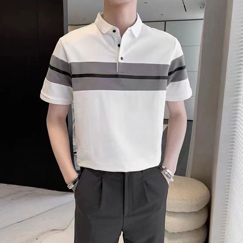 Áo polo Tay Lửng Dáng Rộng Họa Tiết Kẻ Sọc Thời Trang Mùa Hè Cho Nam