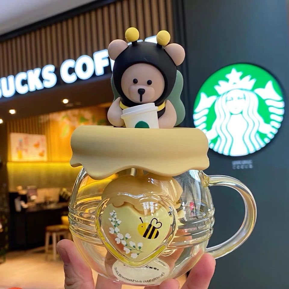 STARBUCKS Ly Thủy Tinh Uống Trà Có Nắp Đậy Hình Chú Ong / Gấu Đáng Yêu
