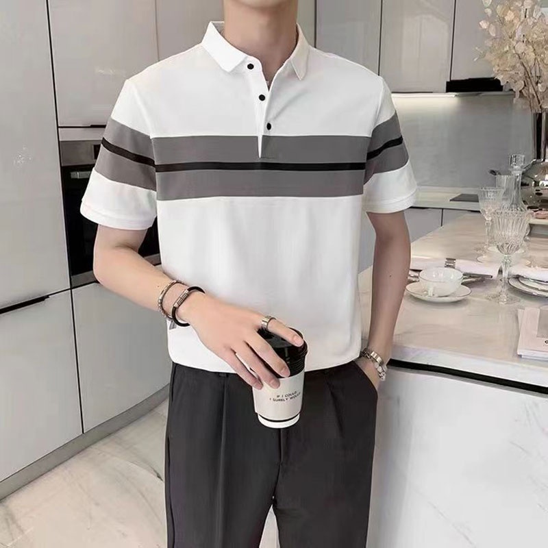 Áo polo Tay Lửng Dáng Rộng Họa Tiết Kẻ Sọc Thời Trang Mùa Hè Cho Nam