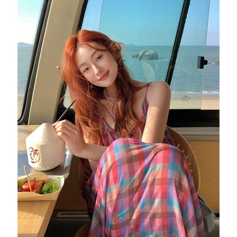 IMAODOU Đầm hai dây  midi dáng rộng kẻ sọc caro thời trang mới mùa hè 2023 cho nữ