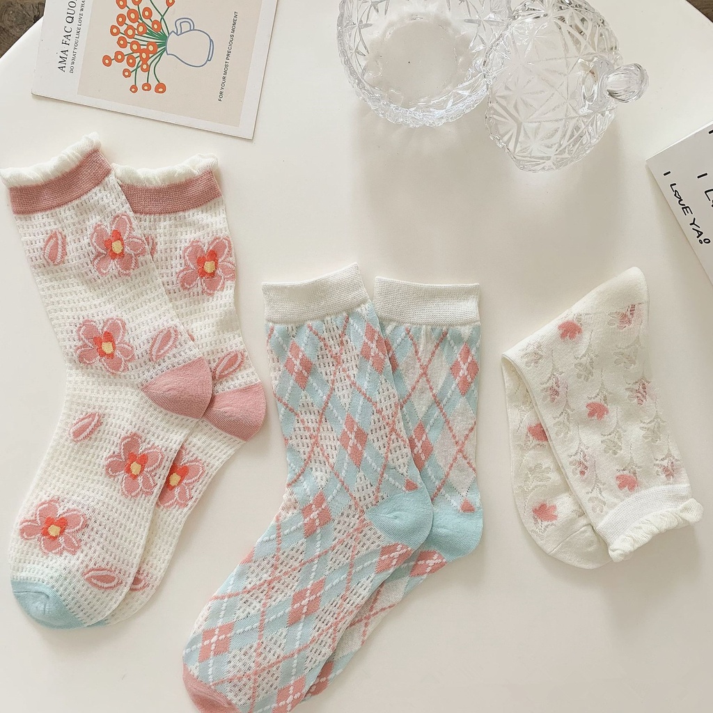 Tất lưới WAFNHA Kafu D797 mỏng thoáng khí ba chiều họa tiết hoa tulip phong cách Nhật Bản thời trang mùa hè cho nữ