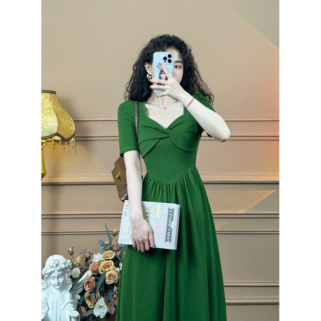 Bestsellerfrench Đầm Nữ Thắt Nơ Xoắn Eo Nhẹ Nhàng Phong Cách Phương Tây Cổ Điển