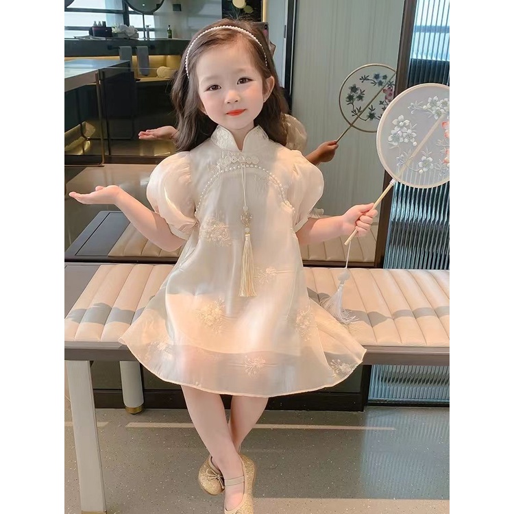 Đầm Sườn Xám Màu Trơn Thêu Họa Tiết Phong Cách Trung Hoa Cổ Điển Thiết Kế Mới Thời Trang Mùa Hè Cho Bé Gái