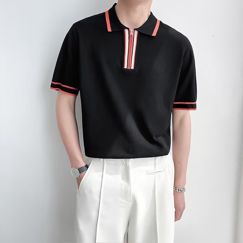 Mùa Hè Nửa Tay Đơn Giản Sọc Màu Khóa Áo Sơ Mi POLO Ice Silk Đan Áo Sơ Mi POLO Cổ Nửa Tay T-