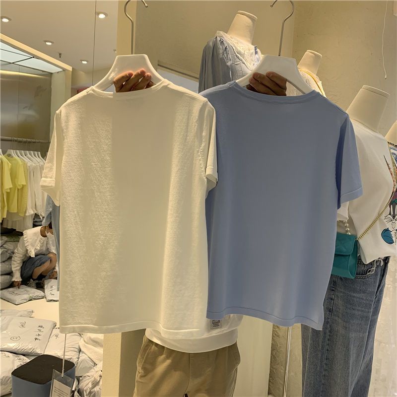 Áo Thun Cotton Tay Ngắn Cổ Tròn Màu Trơn Đính Hạt Ngọc Trai Thời Trang Thu Hè Hàn Quốc 2022