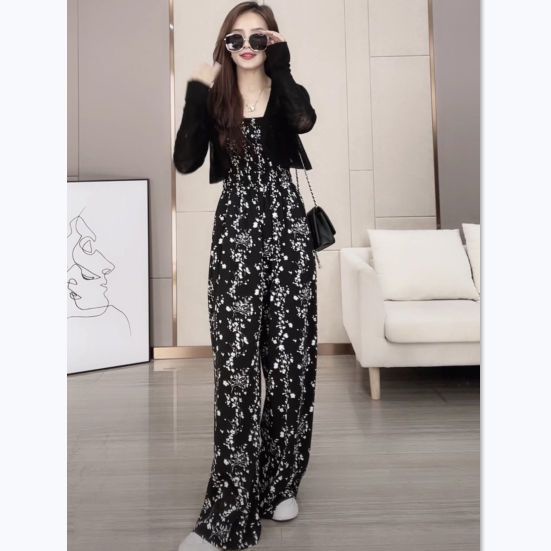 Áo Liền Quần Hai Dây Dáng Ôm Eo Hẹp In Hoa + Áo Khoác Cardigan Nhỏ Chống Nắng Thời Trang Mùa Hè Kiểu Pháp Cho Nữ