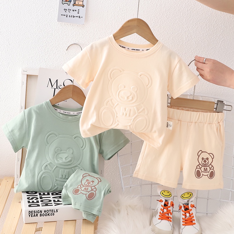 Set Đồ 2 Món Gồm Áo Cotton Tay Cộc In Nổi Hình Gấu Hoạt Hình Thời Trang Mùa Hè Cho Bé Sơ Sinh