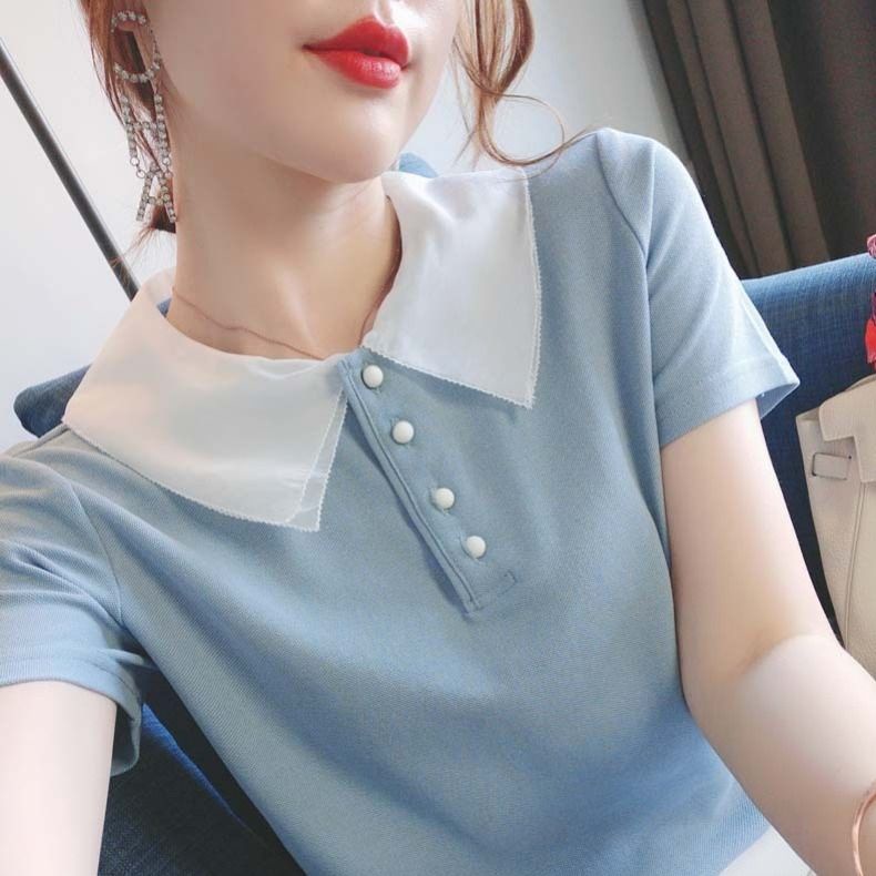 Áo Thun Tay Ngắn Cổ Bẻ Dáng Ôm Phong Cách Hàn Quốc Thời Trang Cho Nữ