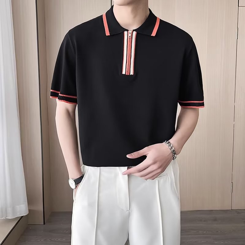 Mùa Hè Nửa Tay Đơn Giản Sọc Màu Khóa Áo Sơ Mi POLO Ice Silk Đan Áo Sơ Mi POLO Cổ Nửa Tay T-