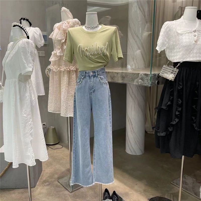 Áo Thun Cotton Tay Ngắn Cổ Tròn Màu Trơn Đính Hạt Ngọc Trai Thời Trang Thu Hè Hàn Quốc 2022