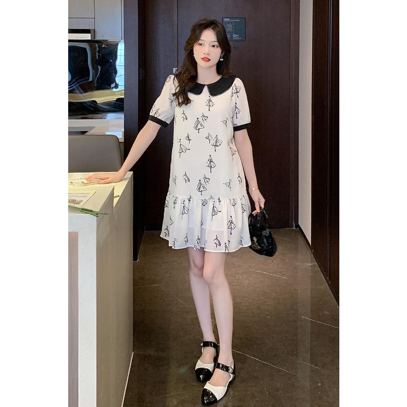 SUXI Đầm Chữ A Tay Ngắn Dáng Rộng Cổ Búp Bê Phong Cách Hàn Quốc Thời Trang Mùa Hè Xinh Xắn Cho Nữ