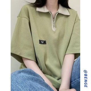 Áo Thun polo Tay Ngắn Dáng Rộng Bằng Cotton Có Khóa Kéo Nửa Vai Thời Trang Mùa Hè Dành Cho Bạn Nữ