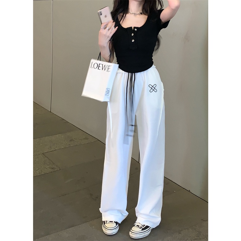 Áo Thun Ngắn Tay + Quần Dài Lưng Cao Thêu Chữ Thời Trang Nữ