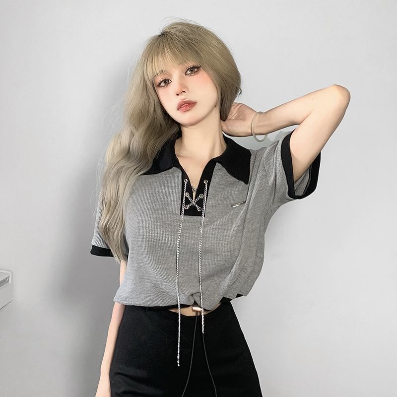 Áo Thun Ngắn Tay Dáng Rộng Phối Dây Xích Cá Tính Dành Cho Nữ