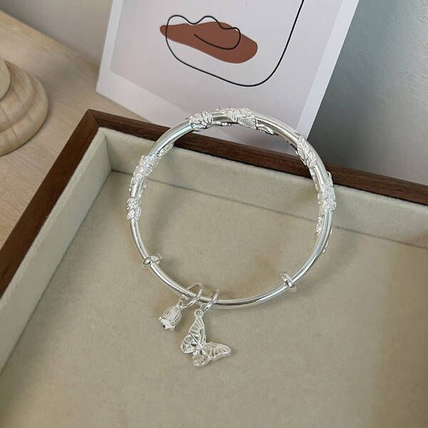 Vòng Đeo Tay Dạng Trượt Màu Trơn Họa Tiết Hoa Và Bướm Có Thể Điều Chỉnh Phong Cách niche Cao Cấp @