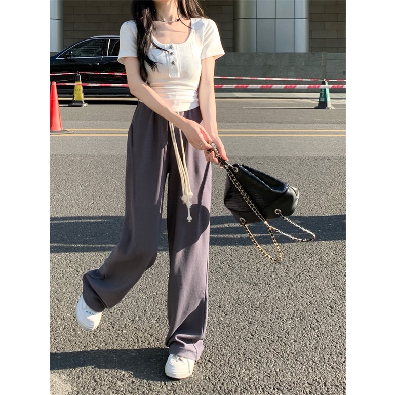 Áo Thun Ngắn Tay + Quần Dài Lưng Cao Thêu Chữ Thời Trang Nữ