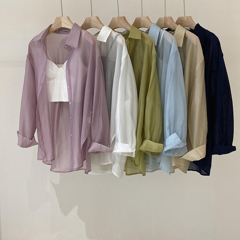 Áo Sơ Mi Cotton Tay Dài Chống Nắng Dáng Rộng Cài Nút Bên Hông Kiểu Hàn Quốc Thời Trang Xuân Hè 2023