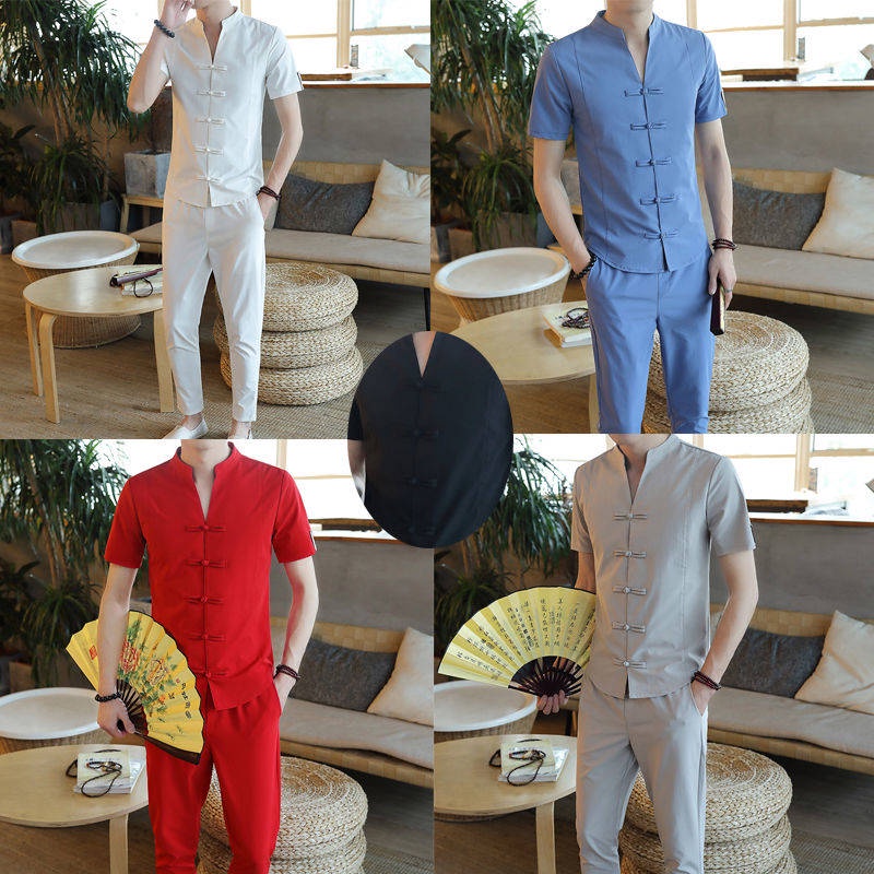 Set Áo Thun Ngắn Tay + Quần Dài Phong Cách Trung Hoa Thời Trang Mùa Hè Mới Cho Nam