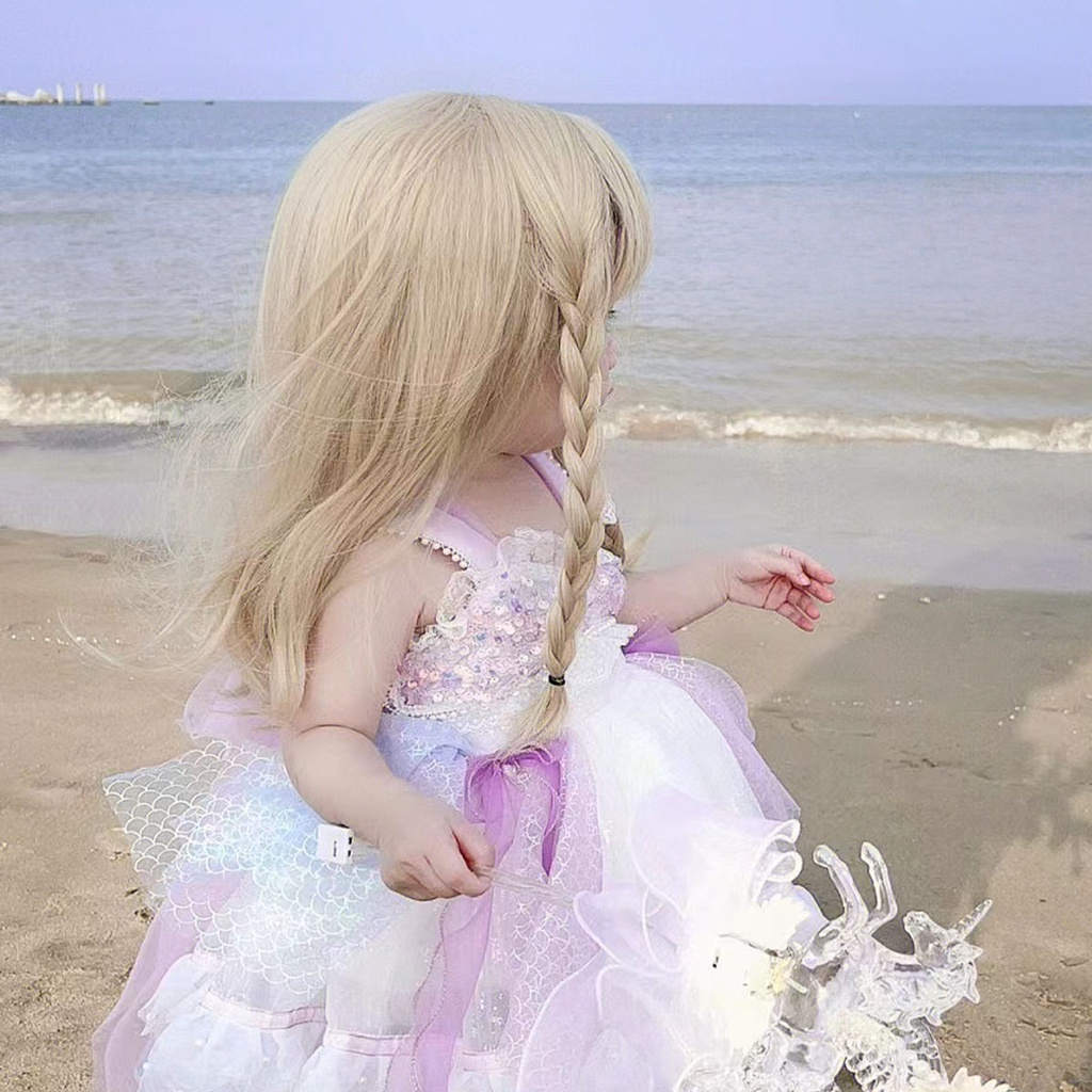 Bộ Tóc Giả Dài Thẳng Tự Nhiên Màu Vàng Kim Phong Cách Keli Cho Bé Gái