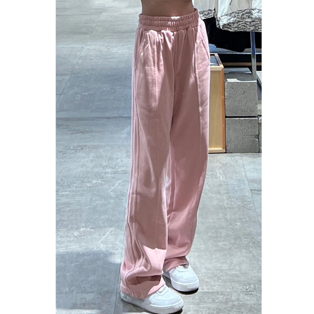 Jiashucheng Quần Thể Thao Ống Rộng Lưng Cao Mỏng Màu Hồng Xuân Thu Phong Cách Mới Cho Nữ