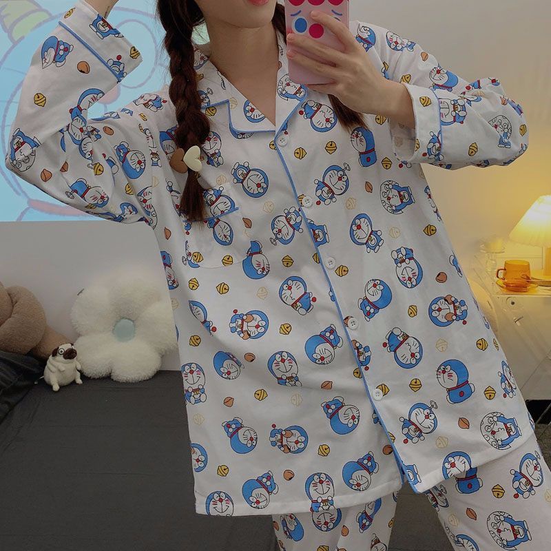 Bộ Đồ Ngủ Tay Dài in Hình Doremon Phong Cách Nhật Bản Thời Trang Xuân Thu Cho Nữ