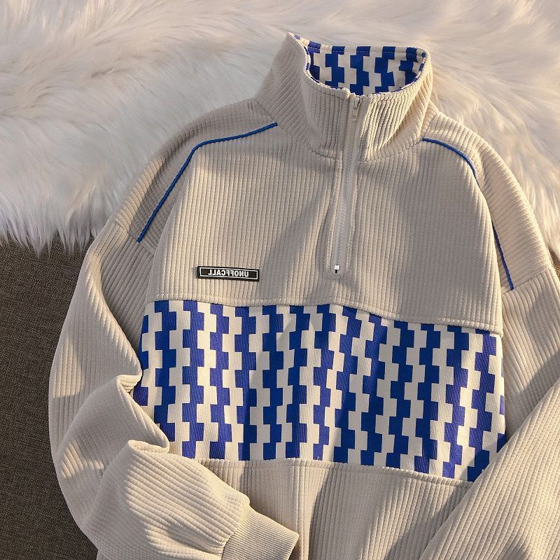 Áo Sweater Cổ Polo Phối Khóa Kéo Nửa Thân Kiểu Retro Mỹ Cá Tính Cho Nam