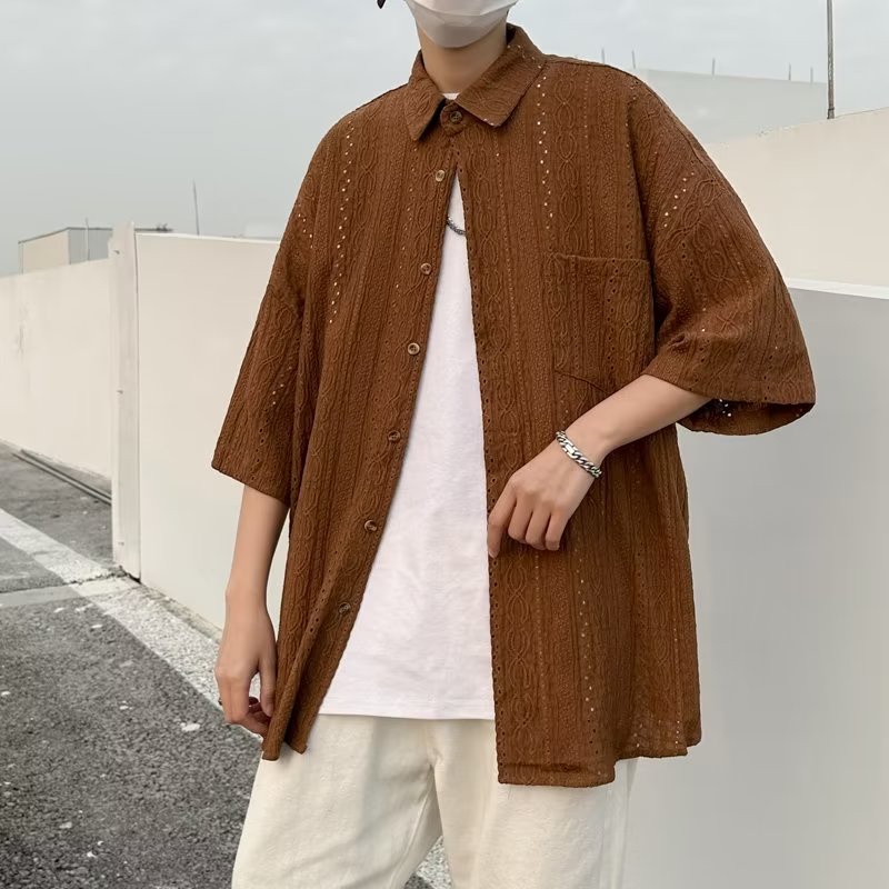 Áo Sơ Mi Tay Ngắn Cổ Vuông Màu Trơn Phong Cách Hàn Quốc Thời Trang Mùa Hè 2023 Cho Nam