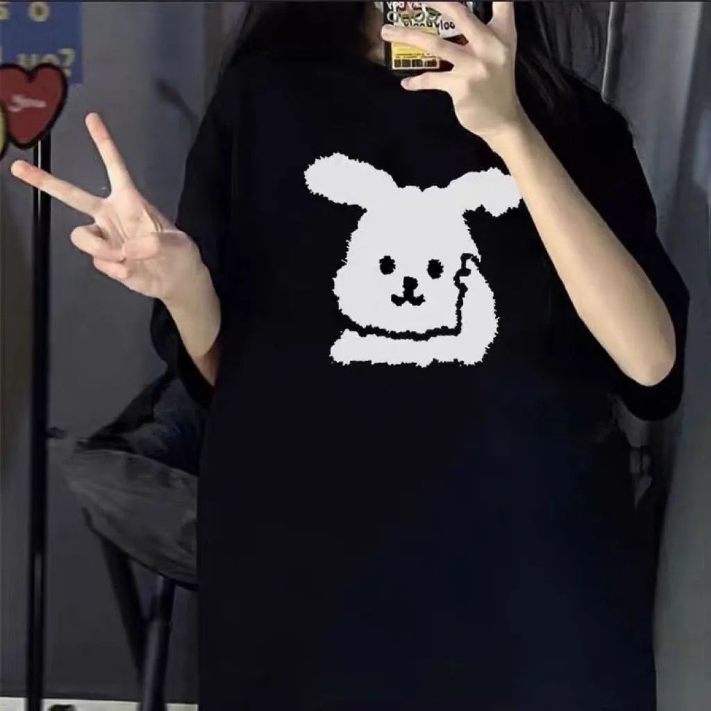 Jiashucheng Áo Thun Tay Ngắn Dáng Rộng In Hình Thỏ Phong Cách Đường Phố Cho Nữ