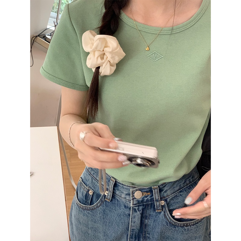 SUXI Áo Thun Tay Ngắn Màu Sắc Đơn Giản Thêu Họa Tiết Phong Cách Hàn Quốc Cho Nữ