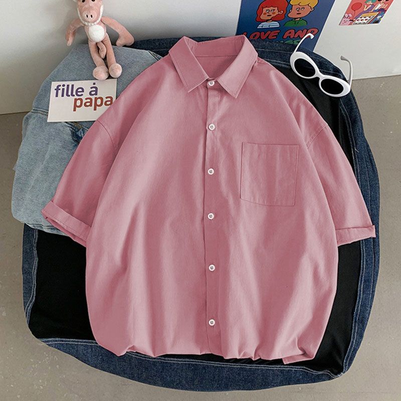 Áo Sơ Mi Tay Ngắn Màu Trắng Trơn Dáng Rộng Phong Cách Retro 10 Màu Tùy Chọn Thời Trang Cho Nữ