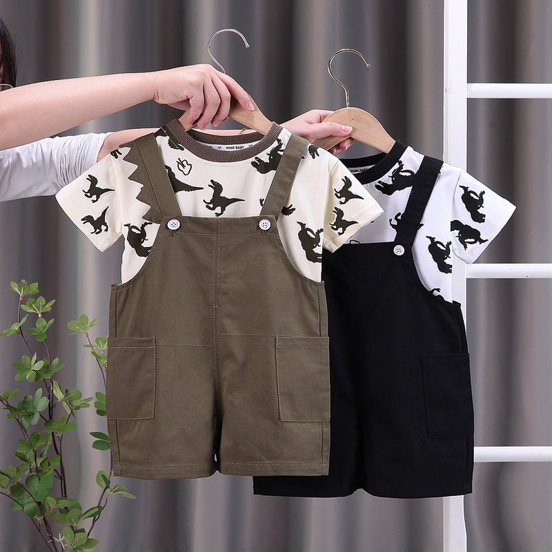 Set Áo Thun Tay Ngắn Cổ Tròn In Hình Khủng Long Hoạt Hình + Quần Short Yếm Bằng Cotton Thời Trang Mùa Hè Cho Bé Kích Thước 80-120cm