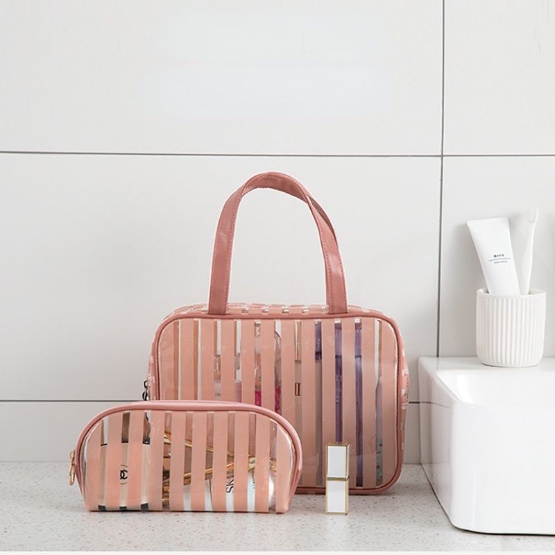 Túi Đựng Mỹ Phẩm Du Lịch Bằng PVC Trong Suốt Kẻ Sọc Chống Thấm Nước Đa Năng