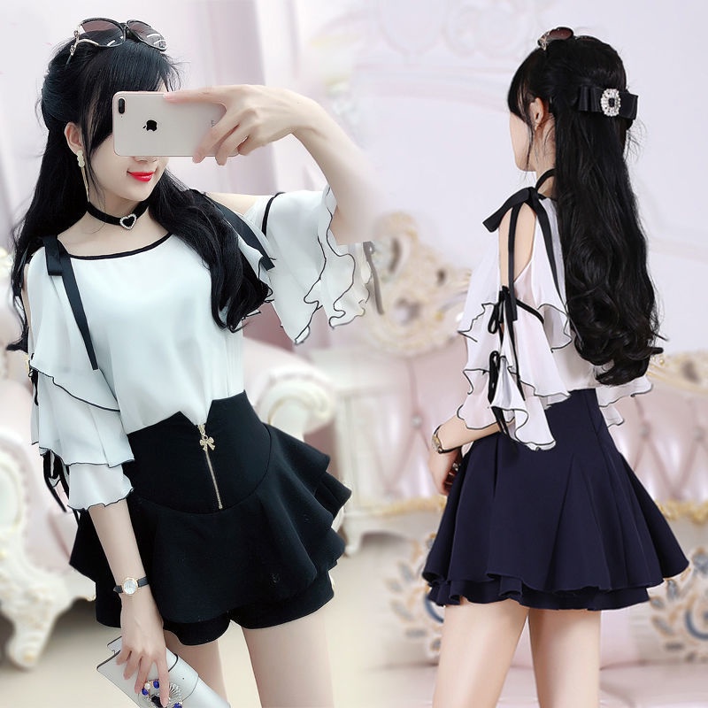 Áo Sơ Mi Chiffon Tay Cánh Sen Viền Đen / Trắng Thời Trang Mùa Hè Phong Cách Hàn Quốc Cho Nữ