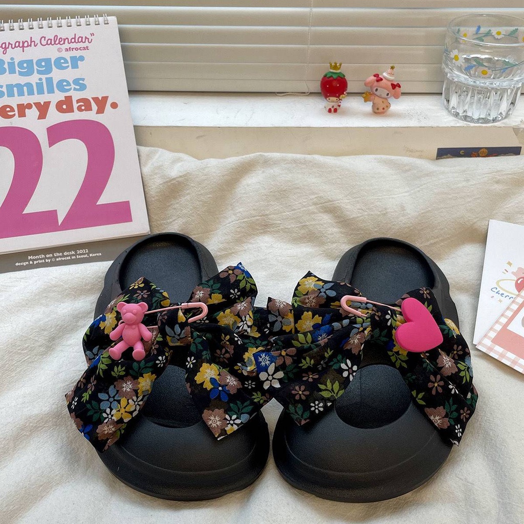 Dép bánh mì mùa hè dễ thương nơ mặc bên ngoài đế dày