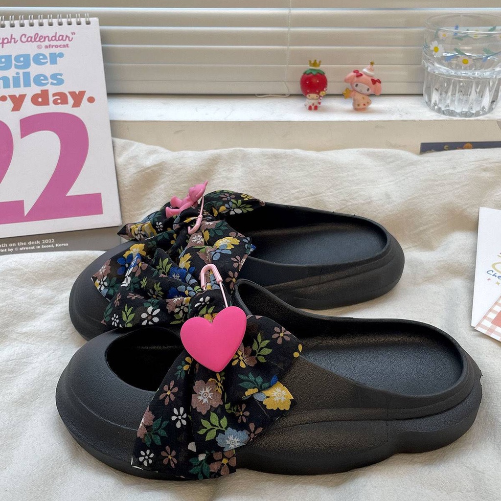 Dép bánh mì mùa hè dễ thương nơ mặc bên ngoài đế dày