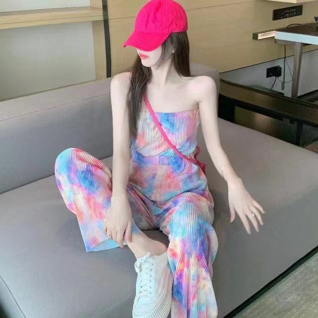 Phụ nữ phong cách mới phiên bản hàn quốc summer ice silk two-piece suit tube top + thin style drape wide-leg pants quần tây