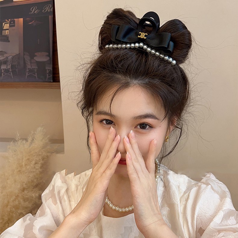 Kẹp Tóc Hình Nơ Đính Ngọc Trai Đen Phong Cách Hàn Quốc Chất Lượng Cao