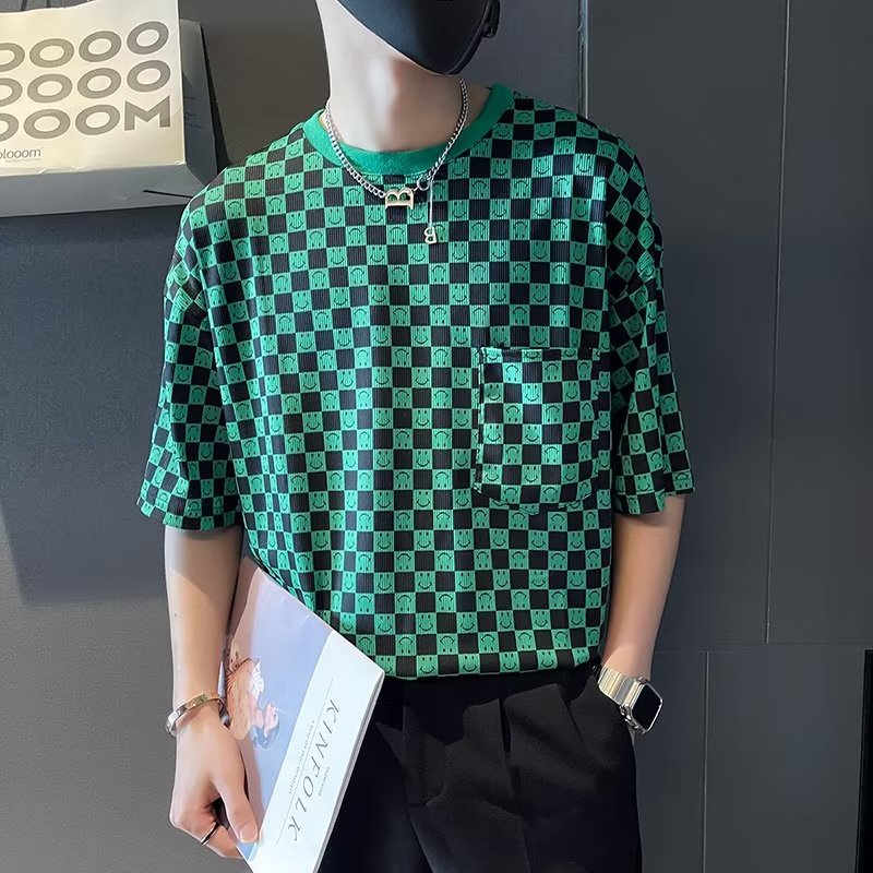 Áo Thun Hip Hop Tay Ngắn Cổ Tròn Họa Tiết Caro Trắng Đen Phong Cách Hàn Quốc Thời Trang Mùa Hè 2023 Cho Nam