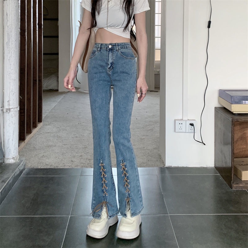 Quần Jean Ống Loe Lưng Cao Cột Dây Màu Sáng Thời Trang Mùa Hè Hàng Mới 2023 Dành Cho Bạn Nữ